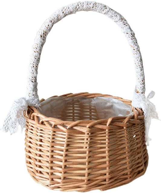 Wicker Rattan Flower Basket, Willow Handwoven Flower Girl Basket with Handle and Plastic Insert, Easter Eggs Candy Basket Wedding Flower Girl Baskets for Home Garden (M)