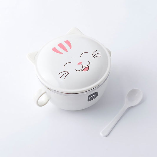 Cute Cat Stainless Steel Mixing Bowls with Lids,Dual Handle,Heat Preservation Instant Noodle Bowl round Rice Soup Bowl Bol Ramen
