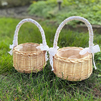 Wicker Rattan Flower Basket, Willow Handwoven Flower Girl Basket with Handle and Plastic Insert, Easter Eggs Candy Basket Wedding Flower Girl Baskets for Home Garden (M)